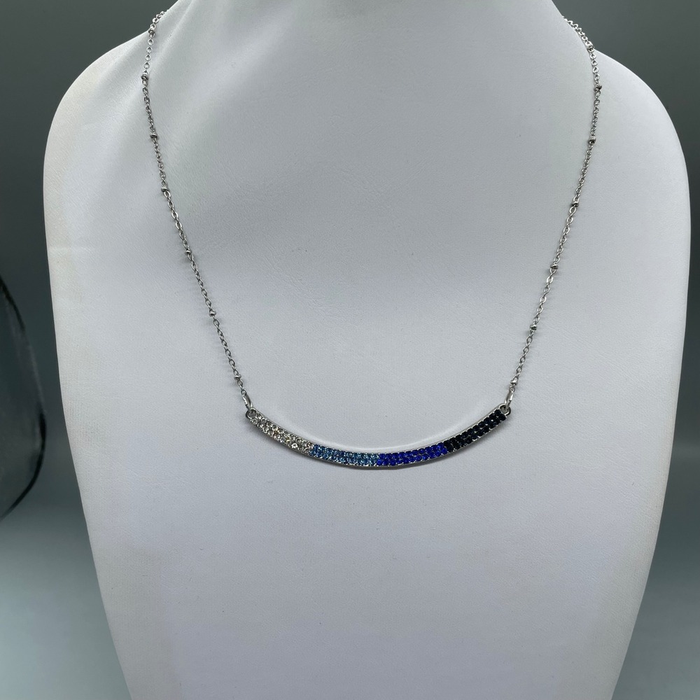 Silver Tone Ombre Blue Crystal Curved Bar Necklace Satellite Chain Adjustable